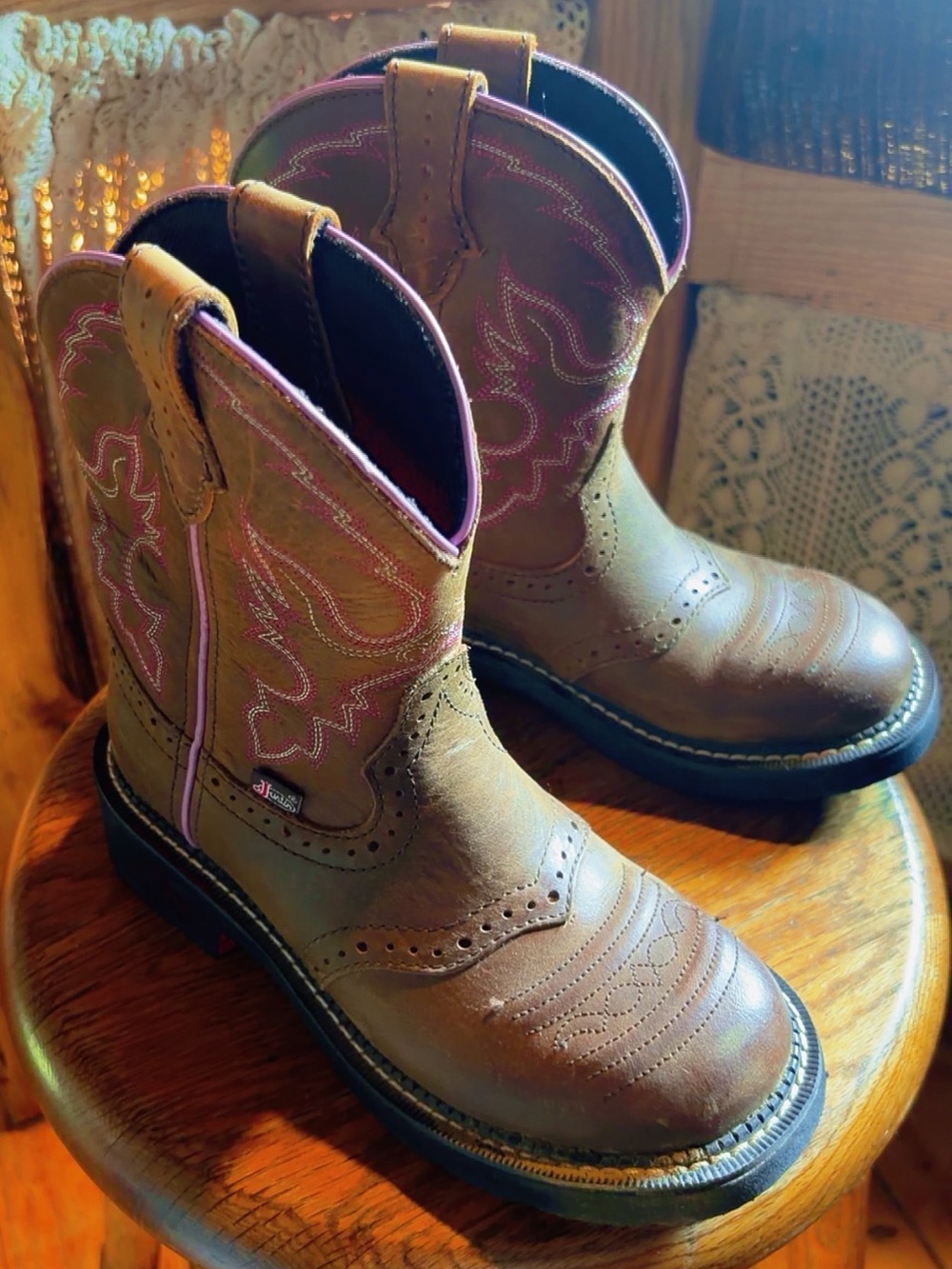 Justin Boots Brown Kids Western Pull-On Boots with Pink Stitching